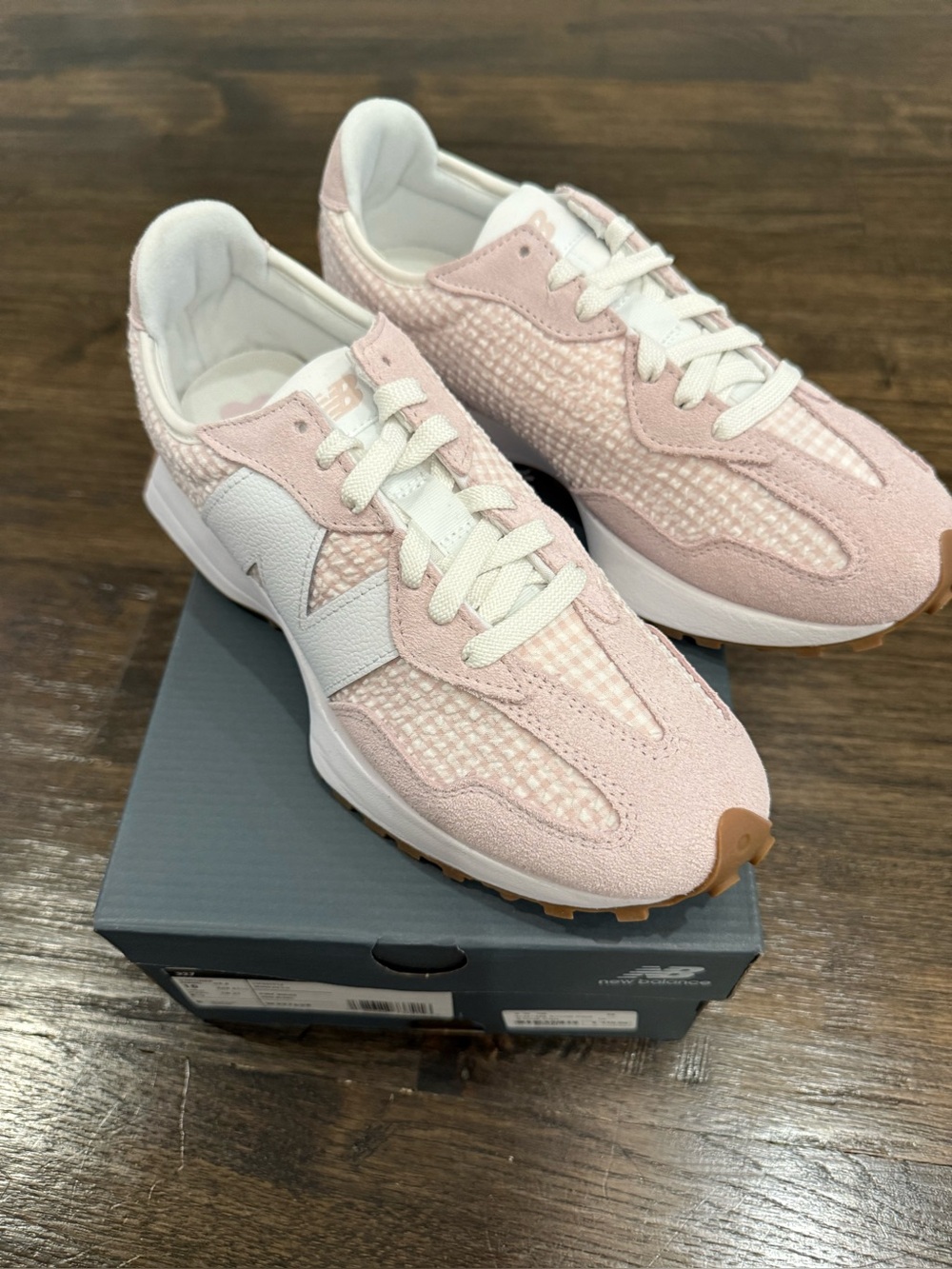 New Balance 327 Pink & White Gingham Women's Retro Runner Sneaker - Picture 4 of 16